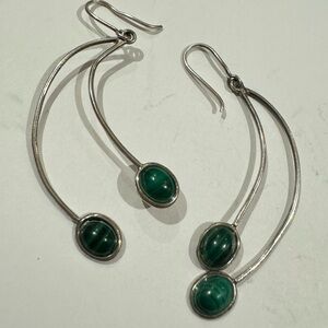 Beautiful malachite dangle silver tone earrings